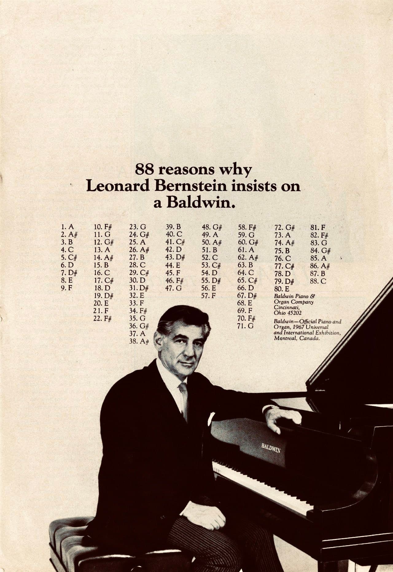 Baldwin piano ad featuring Leonard Bernstein.
