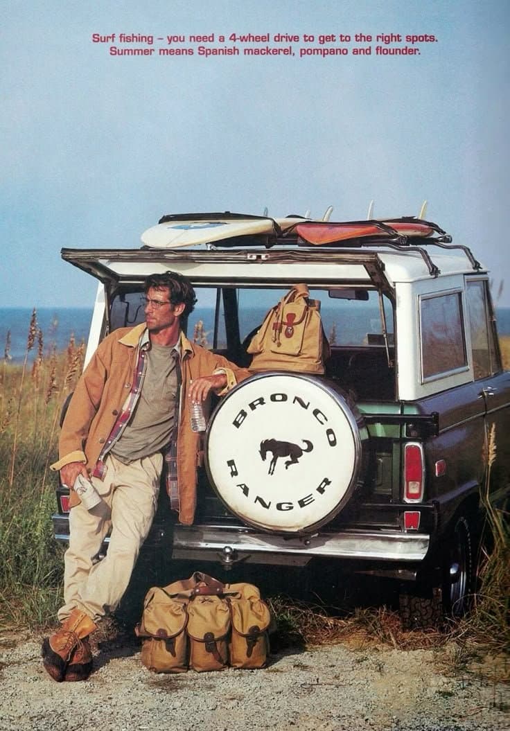 Ford Bronco Ranger ad in a fishing and beach context.