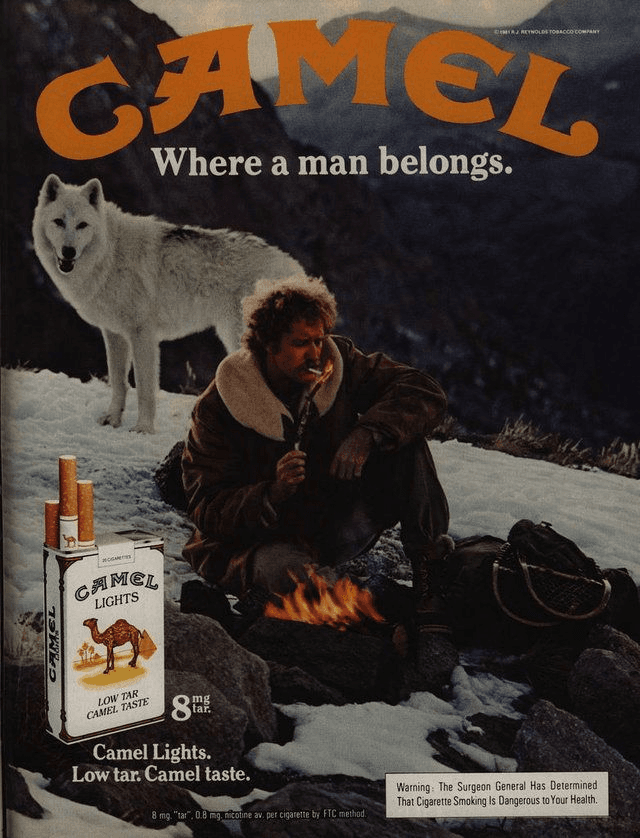 Camel Lights ad with tagline 'Where a man belongs'.