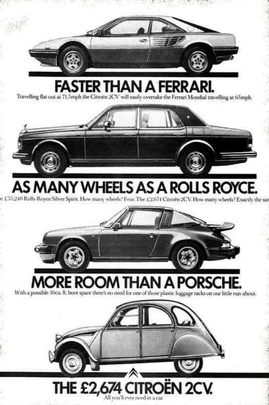 Comparative Citroën 2CV ad against Ferrari and Porsche.