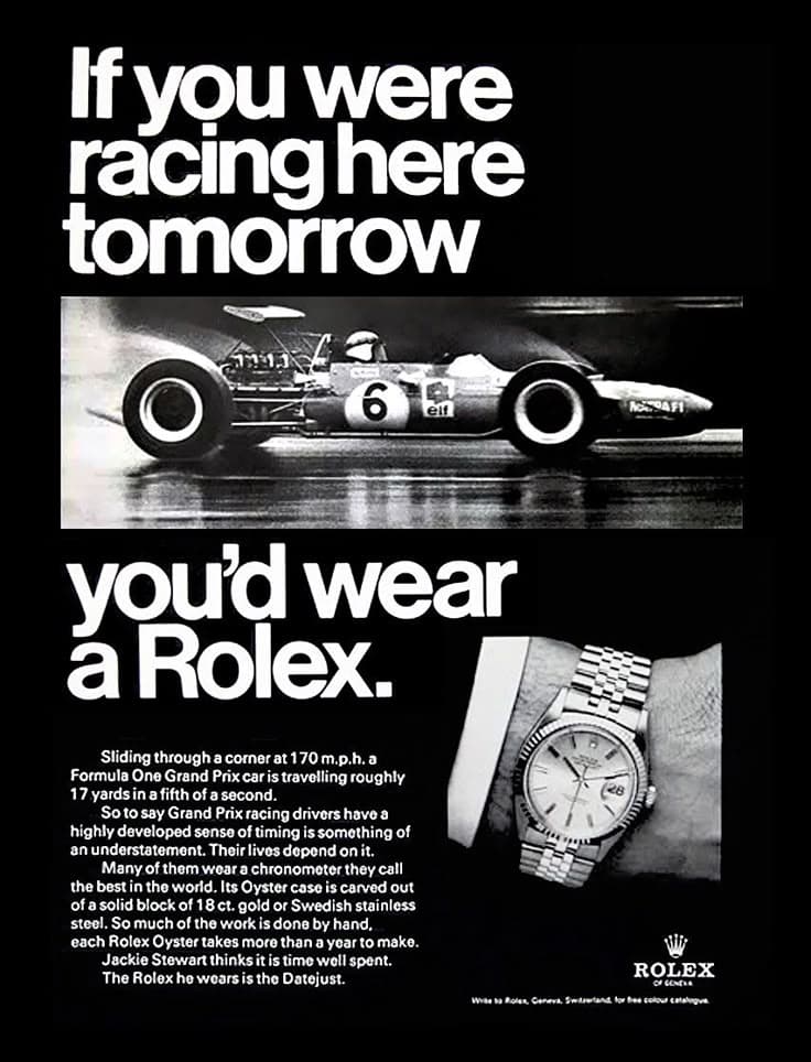 Rolex ad tied to Formula 1 racing.