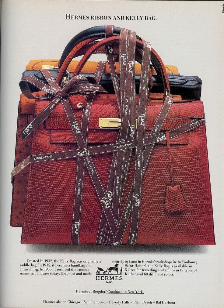 Vintage Hermès Kelly Bag ad with a ribbon.